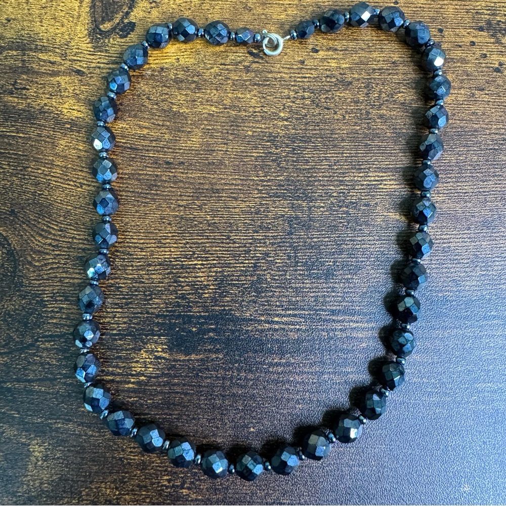 Jet Black Beaded Crystal Necklace Iridescent Faceted Art Deco Mourning Style